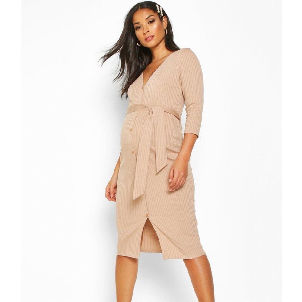 Boohoo Maternity Button Front Tie Waist Midi Dress Size 12 NWT